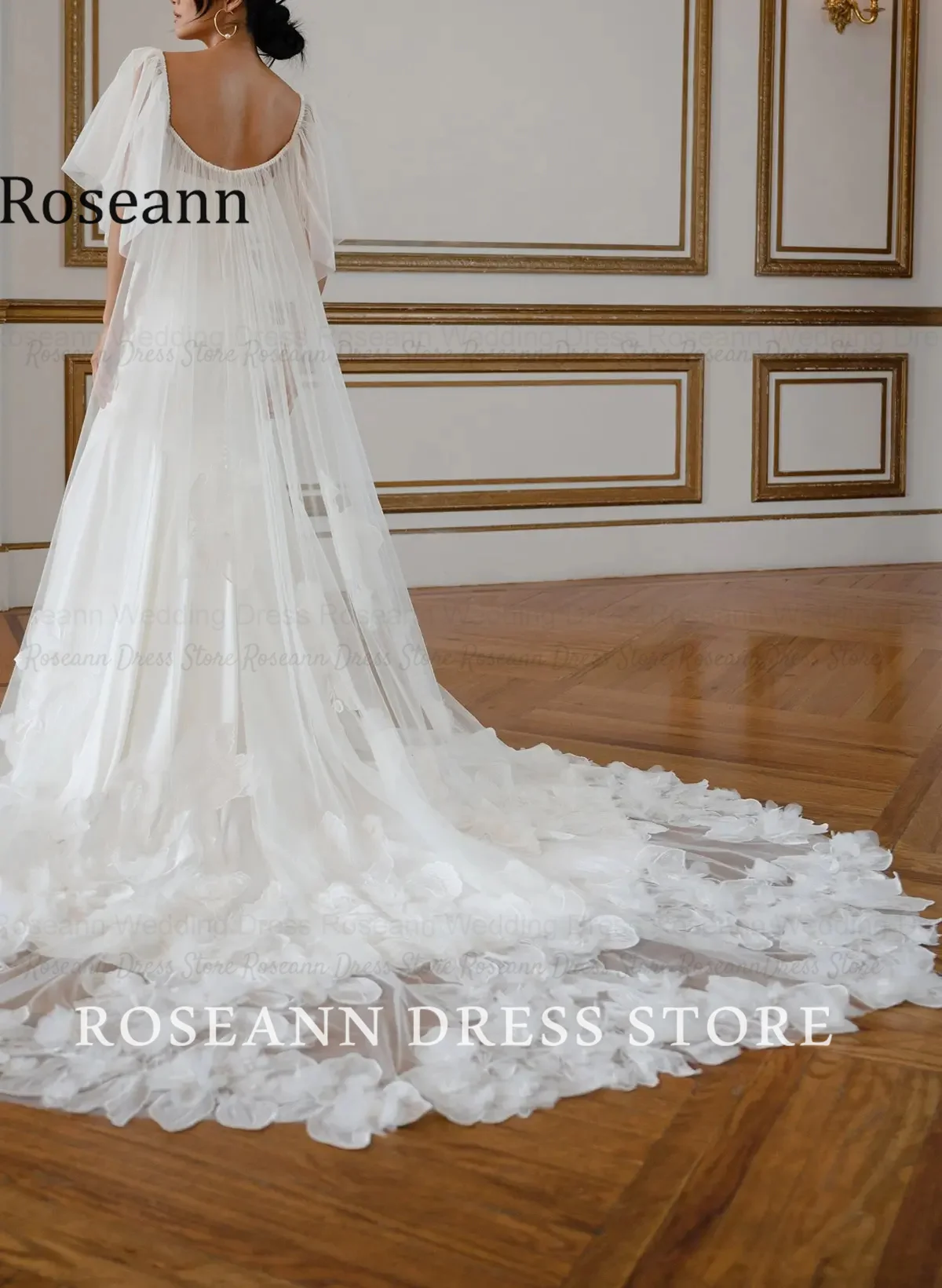 Фото Свадебное платье Roseann без бретелек, фасон «русалка», с отстегивающимися пышными рукавами из тюля, 3D-цветочным шлейфом, свадебное платье на заказ. №4