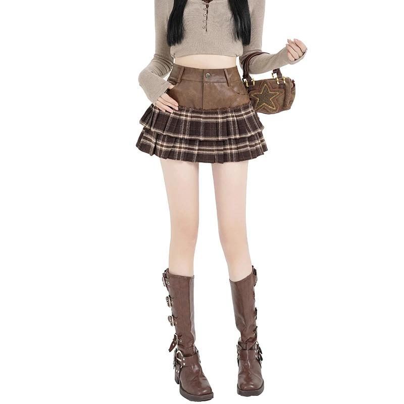 Женская мини-юбка в стиле пэчворк осенняя плиссированная кожаная короткая юбка с