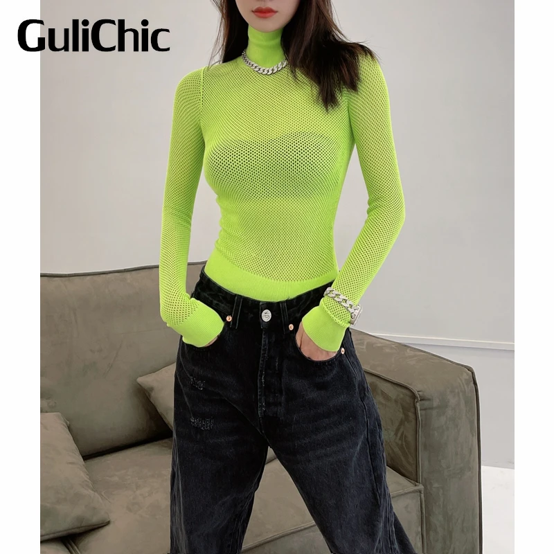 

6.5 GuliChic Women Turtleneck Solid Color Mesh Hollow Out See Through Slim Long Sleeve Knitted Sexy T-Shirt