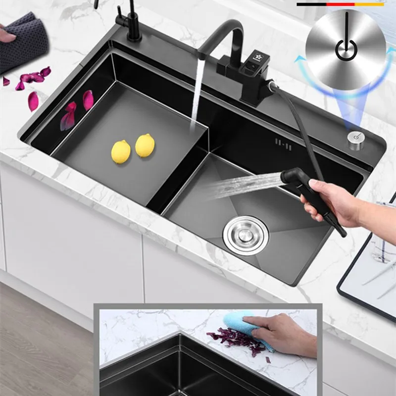 

Black Nano-stepped Kitchen Sink 2 Bowel 304 Stainless Steel Kitchen Sink Multifunctional Table Board 3 Holes with Controller