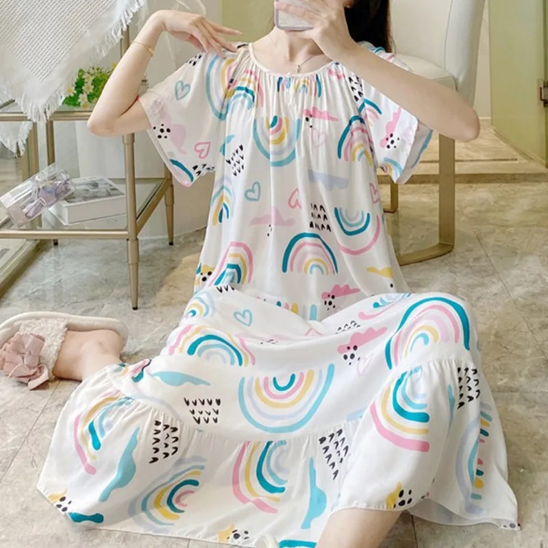 Women Student Sweet Nightdress Cotton Silk Summer Style Sleep Dresses Ladies Pajamas Nightgown