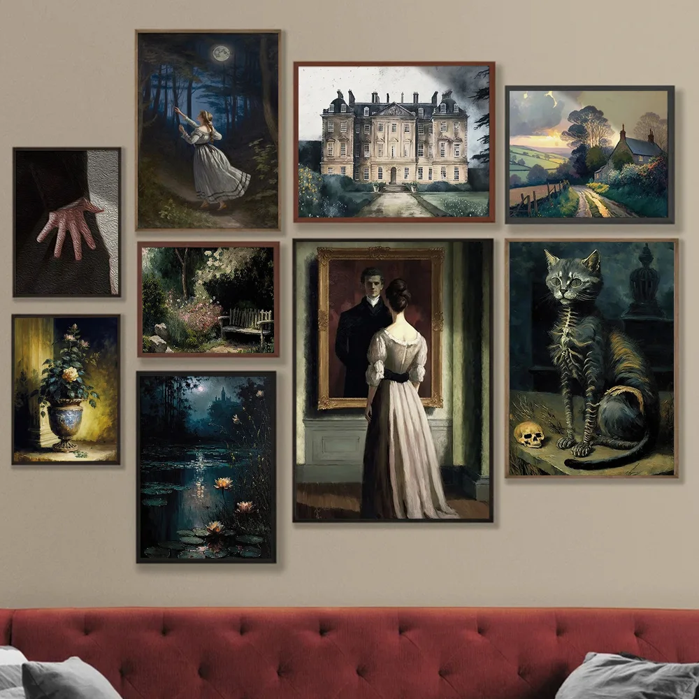 

Dark Academia Art haunted House Witch Poster Prints For Living Room Home Decor Gothic Landscape Canvas Painting Wall Art Gift