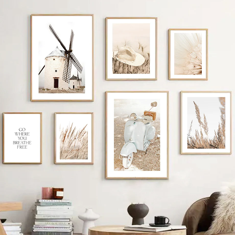 Настенная картина с изображением бежевого одуванчика птицы тростника травы