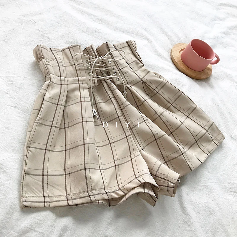 Harajuku Wide Leg Shorts Female Retro Lace Up High Waist  Fashion Casual Elastic Waist Shorts 2023 New Women Plaid Summer Shorts