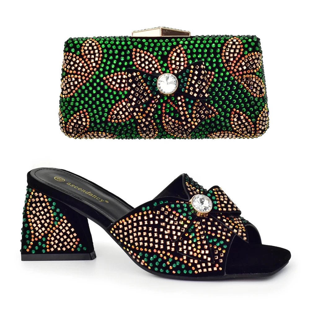 

Green Color High Quality Pointed Toe Ladies Shoes Matching Bag Set For Nigerian Women Wedding Party Dress