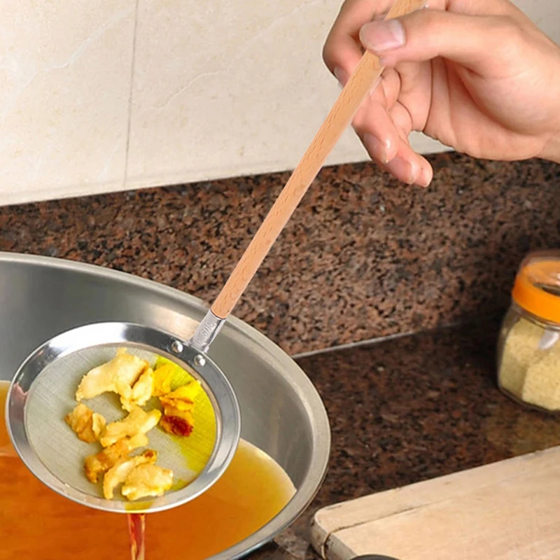 28CM Long Handle Wooden Colander Filter Oil Spoon Fine Mesh Colander Sifter Sieve Kitchen Vegetable Strainer Clip