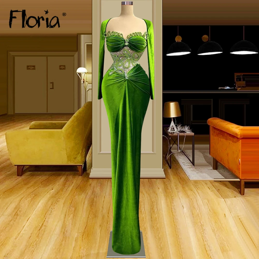 

Женское бархатное платье-русалка, зеленое вечернее платье до пола с длинным рукавом и бусинами, модель 2023