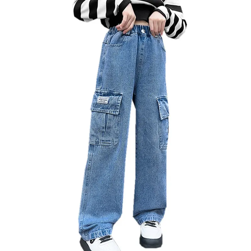 Fashion Cargo Jeans for Girls Spring 2023 Blue Pocket Design Teenage Kids Cargo Pants Casual Straight School Children Trousers