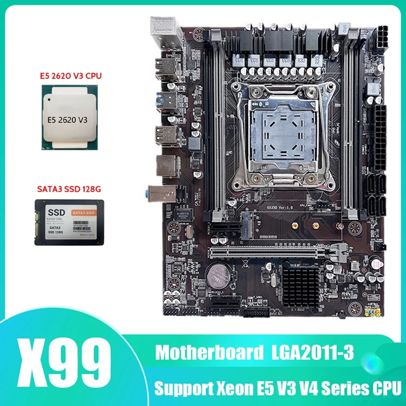 

Материнская плата X99, материнская плата для компьютера, поддержка процессора Xeon E5 V3 V4 серии с процессором E5 2620 V3 + SATA3 SSD 128G