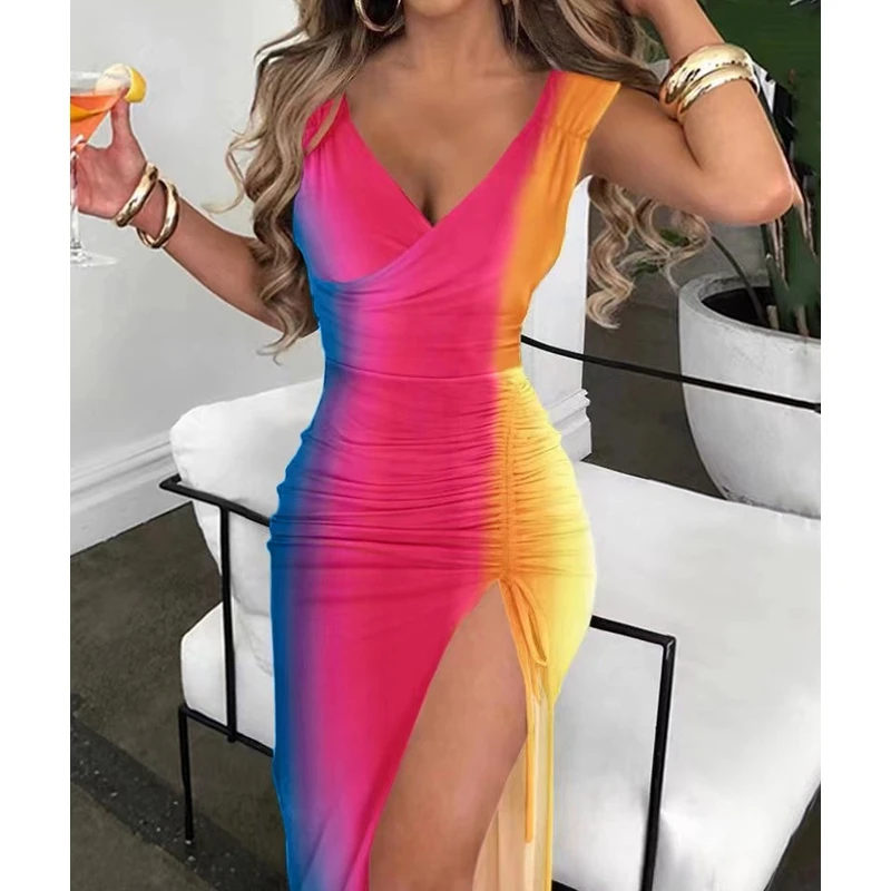 

Women's Dress Summer Sexy Gradient Color Slim Pleated High Waist Dress Women's Fashion Sleeveless V-neck Backless Slit Dress