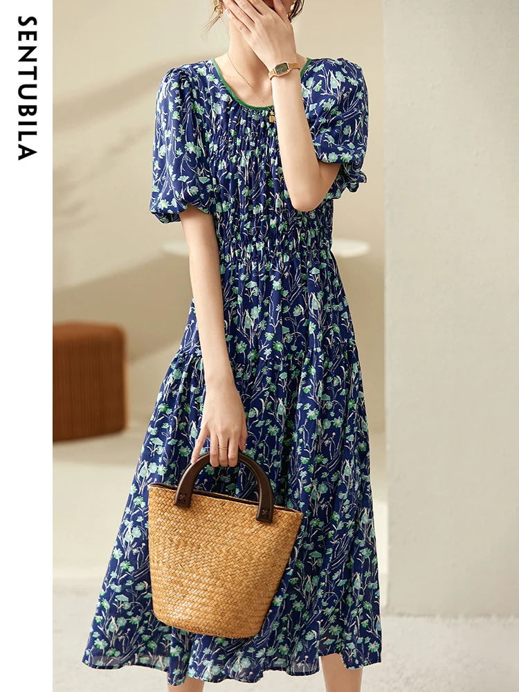 

Sentubila Elegant Vintage Blue Floral Dress for Women 2023 Summer Hight Waist Folds Puff Sleeve Lace-up Swing Midi Tea Dresses