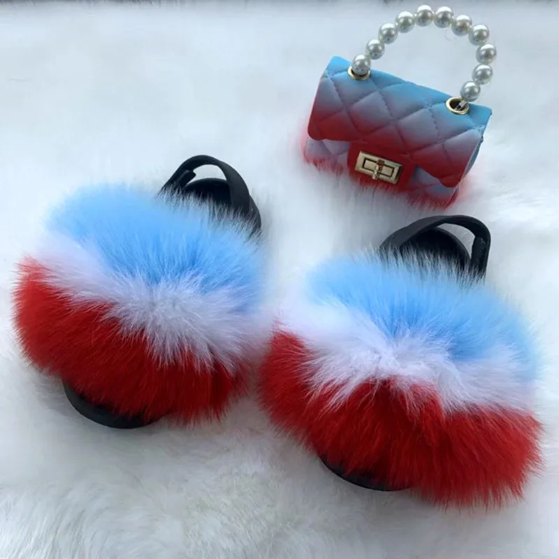 

New Summer Girls Fox Fur Sandals Bag SetFullfy Furry Slides Child Rainbow Jelly Bags Pearl Chain Handbag Toddler Kids Cute FS011