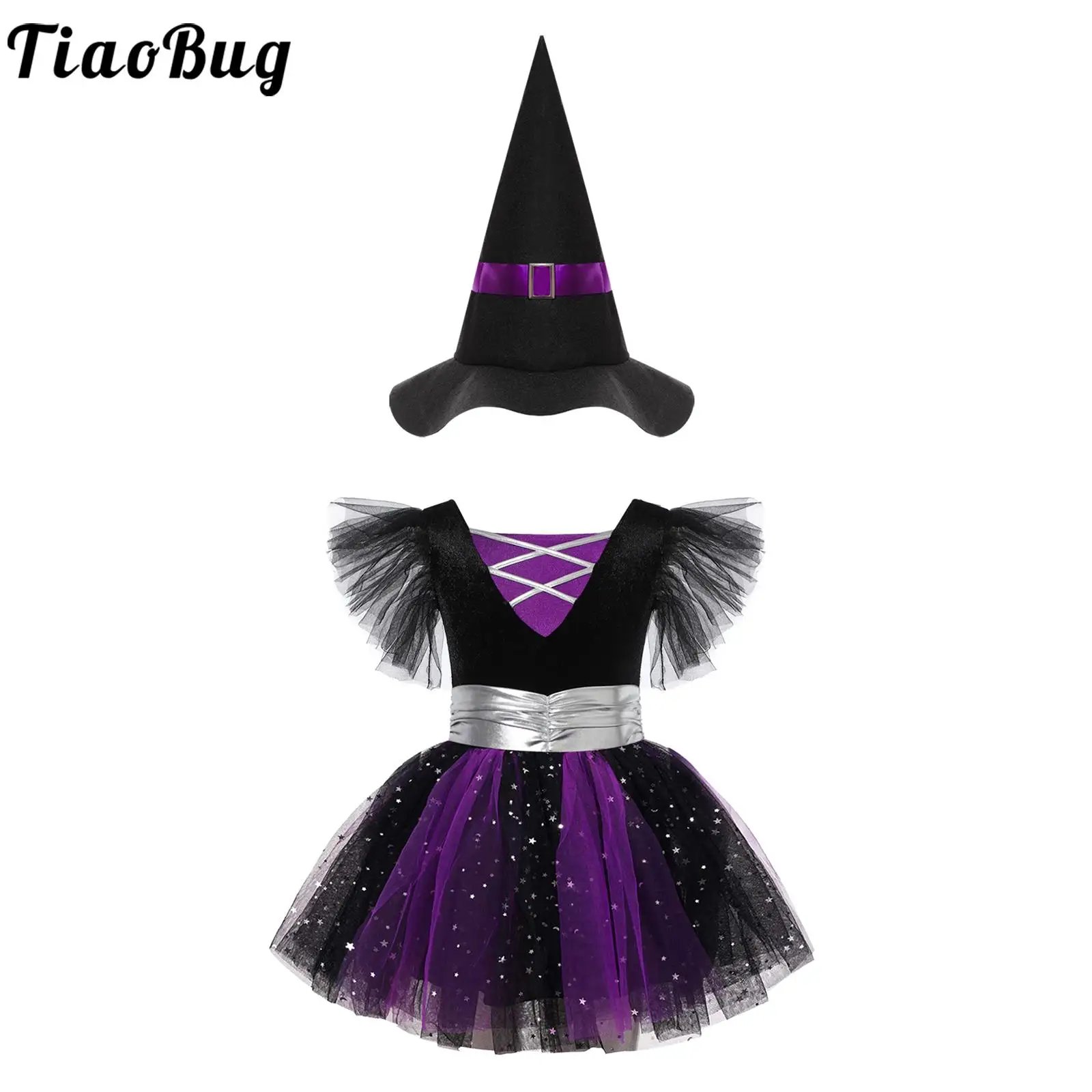 

Kids Girls Halloween Witch Cosplay Costume Sorceress Glittery Mesh Dress with Pointed Hat Carnival Party Fancy Dress Up Clothes