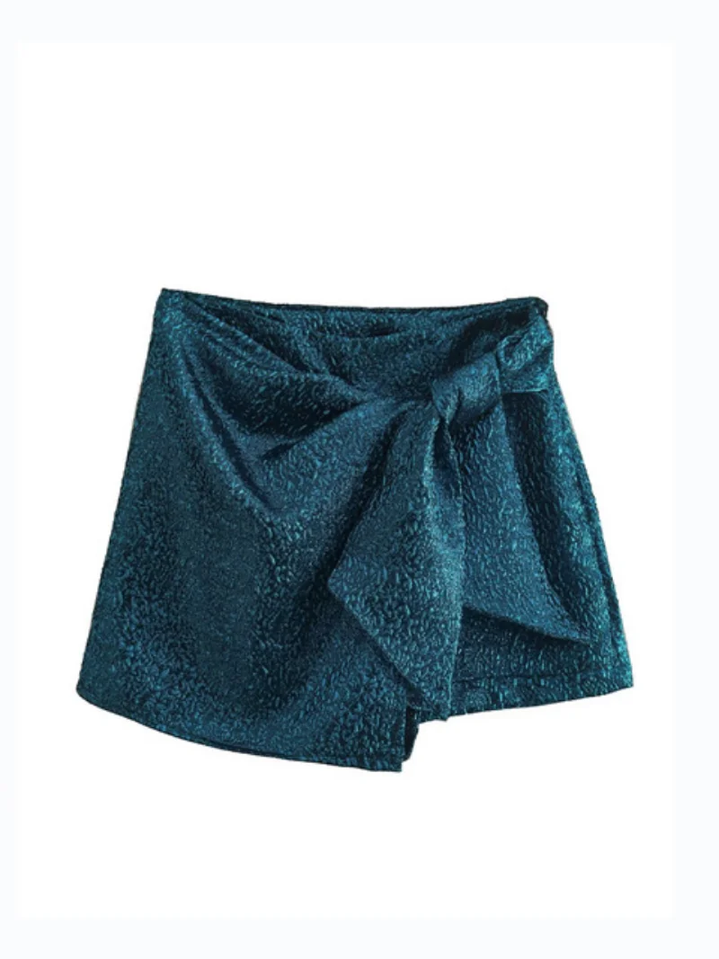 2023 New Spring Women Shorts Skirts Traf Bow Tied Shiny High Waist Zipper Side Wrap Skorts Vintage Female Short Pants Y2K
