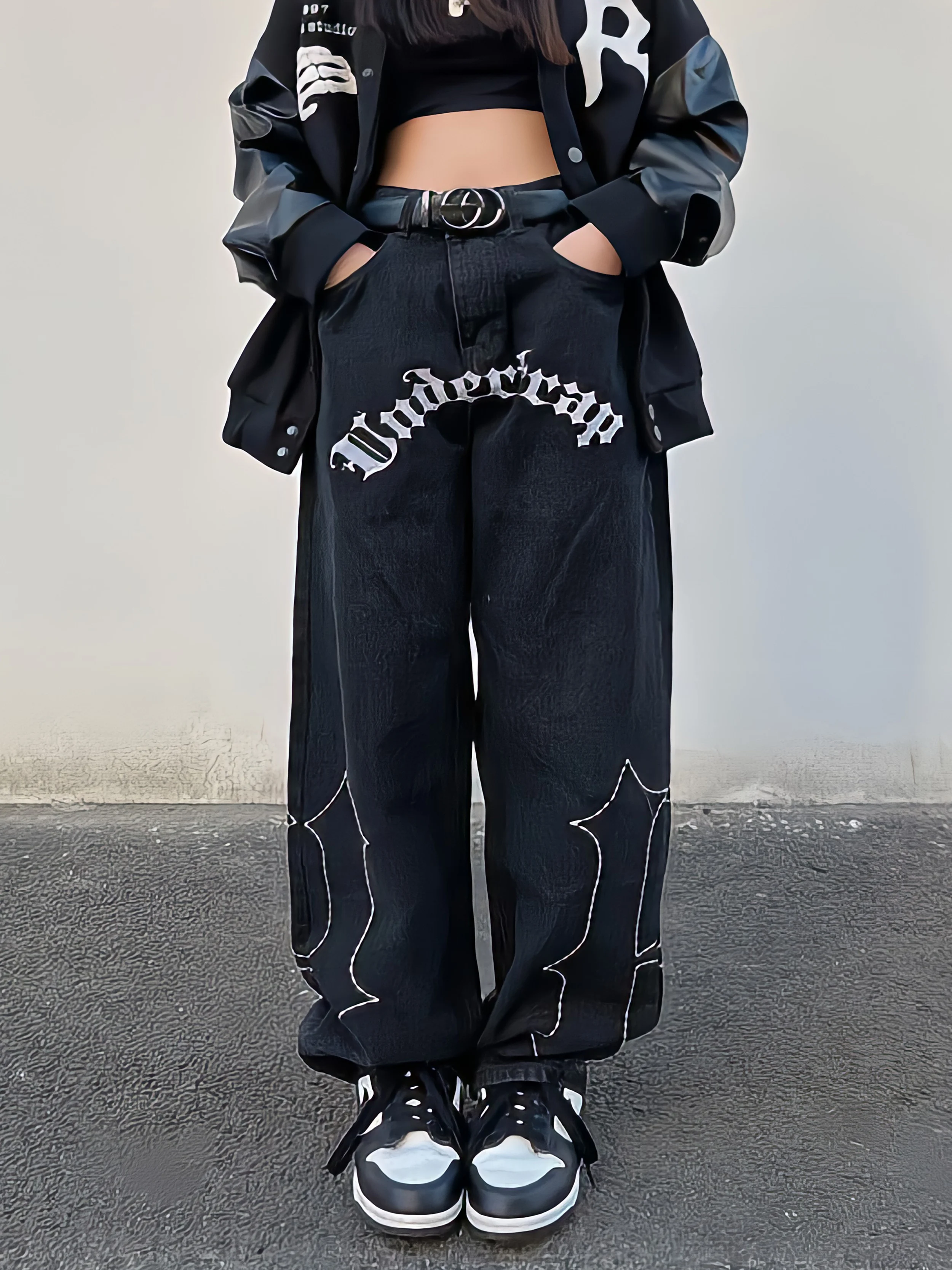 

Женские винтажные джинсы с вышивкой, черные мешковатые джинсы с высокой талией и надписью, уличный стиль Y2k, брюки в стиле хип-хоп и панк