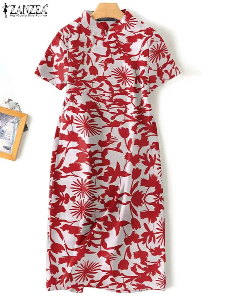 

ZANZEA Lady Stand Collar Sundress Women Floral Printed Vintage Short Sleeve Vestido 2023 Summer Holiday Fashion Midi Dress Dress