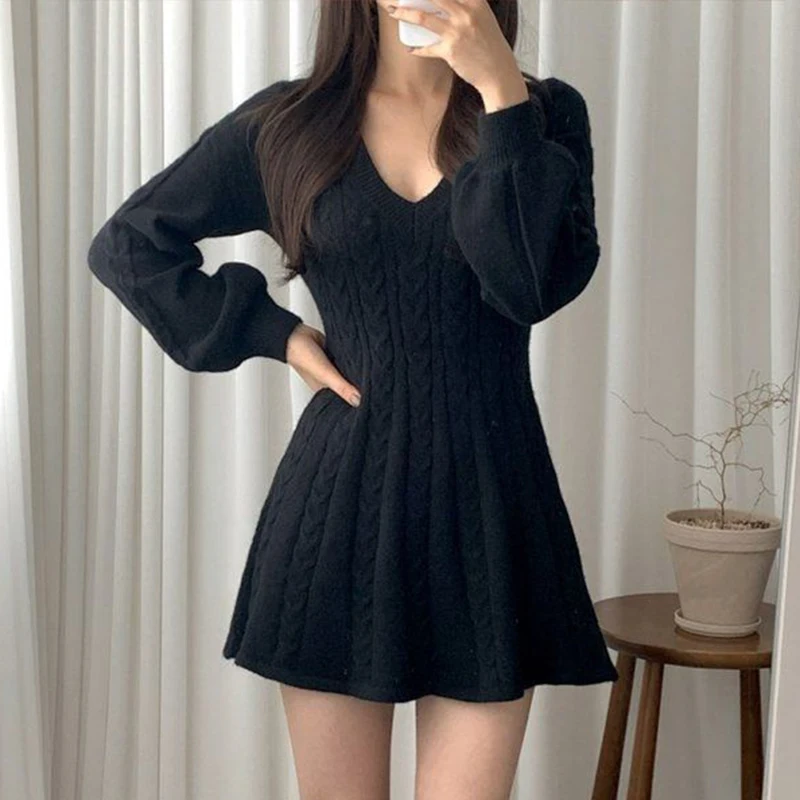 

Autumn Winter Long Sleeve Knitted Dress Women Korean V Neck Sweater Dresses 2023 new Solid Color One-Piece Dress Ladies Woman