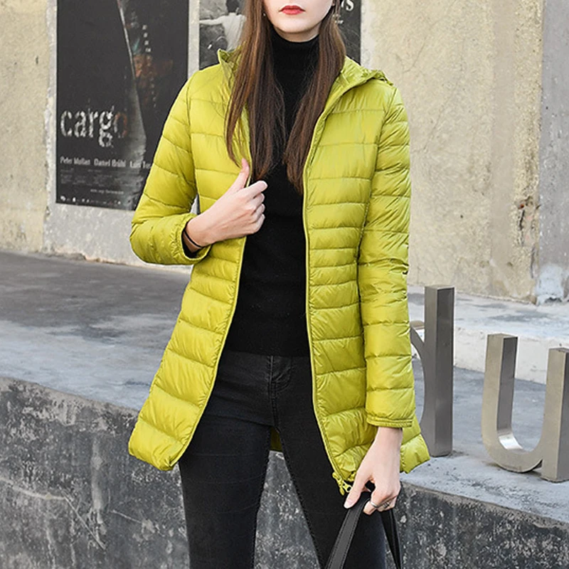 Women's Winter Warm Super Light White Duck Down Jacket Women Autumn Coat Casual Slim Long Hooded Duck Down Coat Women Outerwear