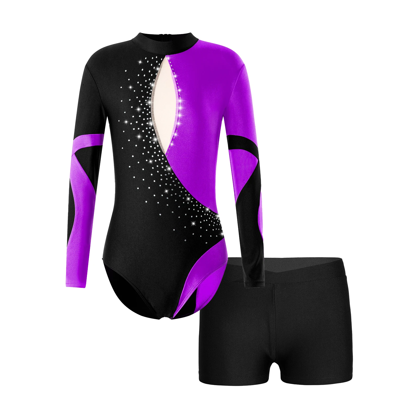 

Kid Girls Ballet Dance Gymnastic Leotard Workout Figure Skating Performance Costume Long Sleeve Rhinestones Bodysuit with Shorts