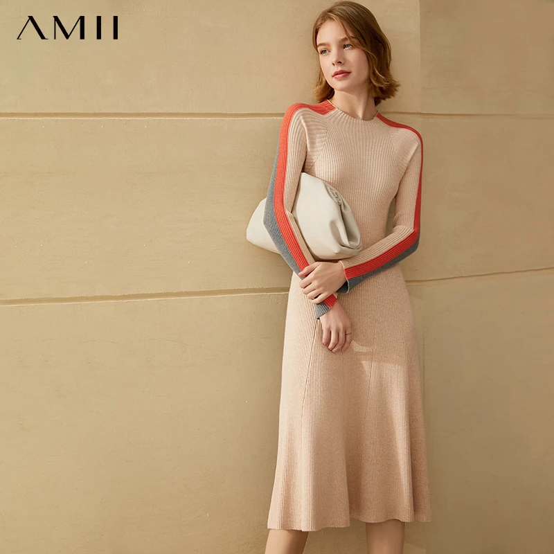 

Amii Minimalism Winter Women's Dress Fashion Causal Oneck Slim Fit Patchwork Calf-length Sweater Dress For Women 12040441