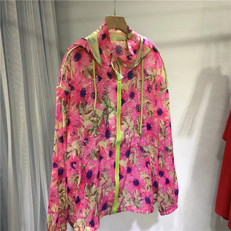 

Luxury Water Drill Printing Women Jacket New Autumn Fashion Zip Long Sleeve Trench Coat Thin Sunscreen Clothing Hooded Top