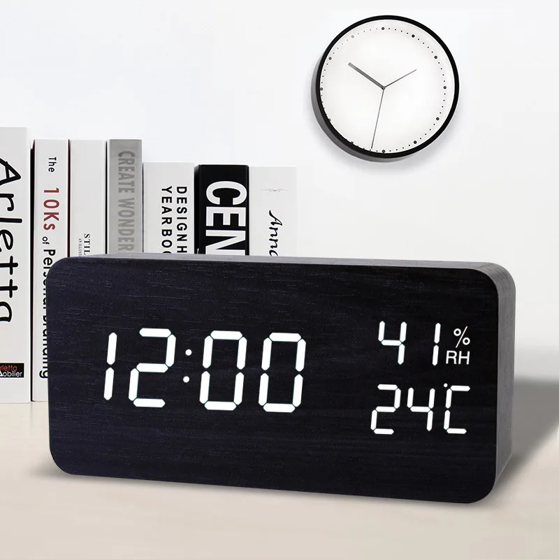 

Led Digital Alarm Clock Calendars Snooze Wooden Powered Table Watch with Temperature Gauge Indoor Large Electricity Desk Clocks