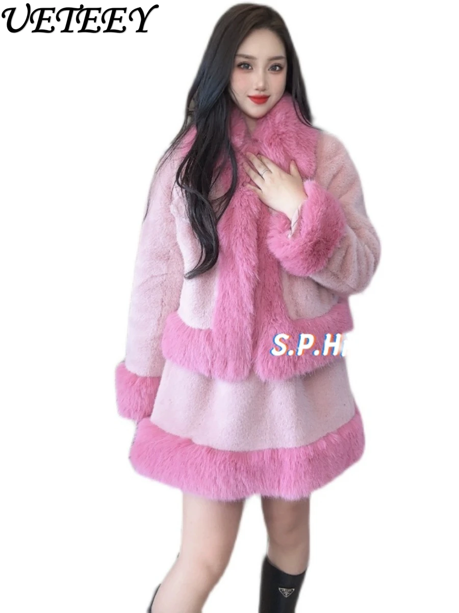 

High-End Fox Fur Environmental Protection Wool Color Contrast Patchwork Suit Fur Coat Thick Warm Women Warm Luxury Furry Jacket