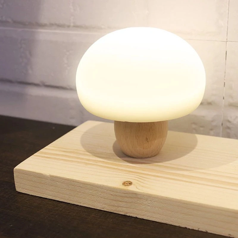 

Silicone LED Night Lamp Bedroom Brightness Adjustable Mushroom Pat Switch Wooden Base Timing LED Night Light For Children's Gift