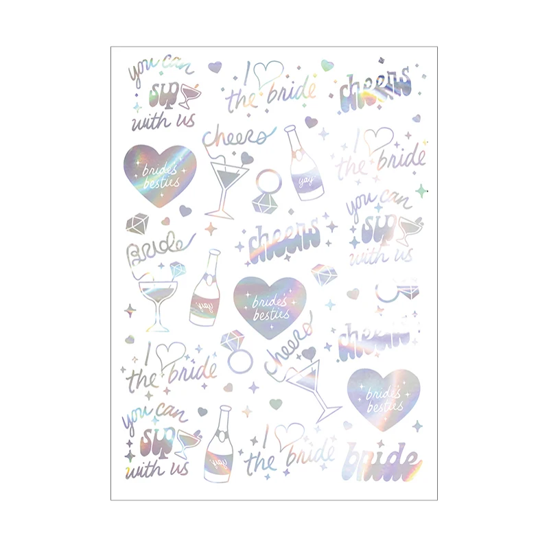 

1 лист, наклейки на свадебную тематику, временная татуировка для девичника, украшение для девичника, наклейки для подружки невесты, татуировки