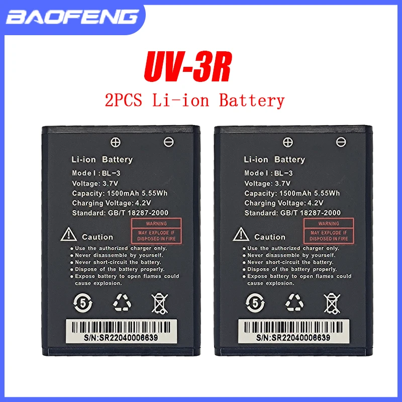 2PCS BAOFNEG Original UV-3R Battery BL-3 1500mAh 3.7V Compatible With Walkie Talkie BF-R5 BF-C50 BF-T6 Two Way Radio UV3R Li-ion