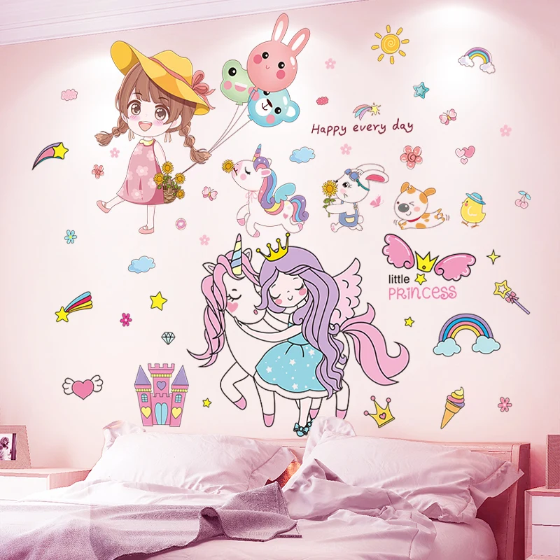 

Cartoon Girl Wall Stickers Decor DIY Unicorn Animals Wall Decals for Kids Bedroom Baby Room Kindergarten Nursery Home Decoration