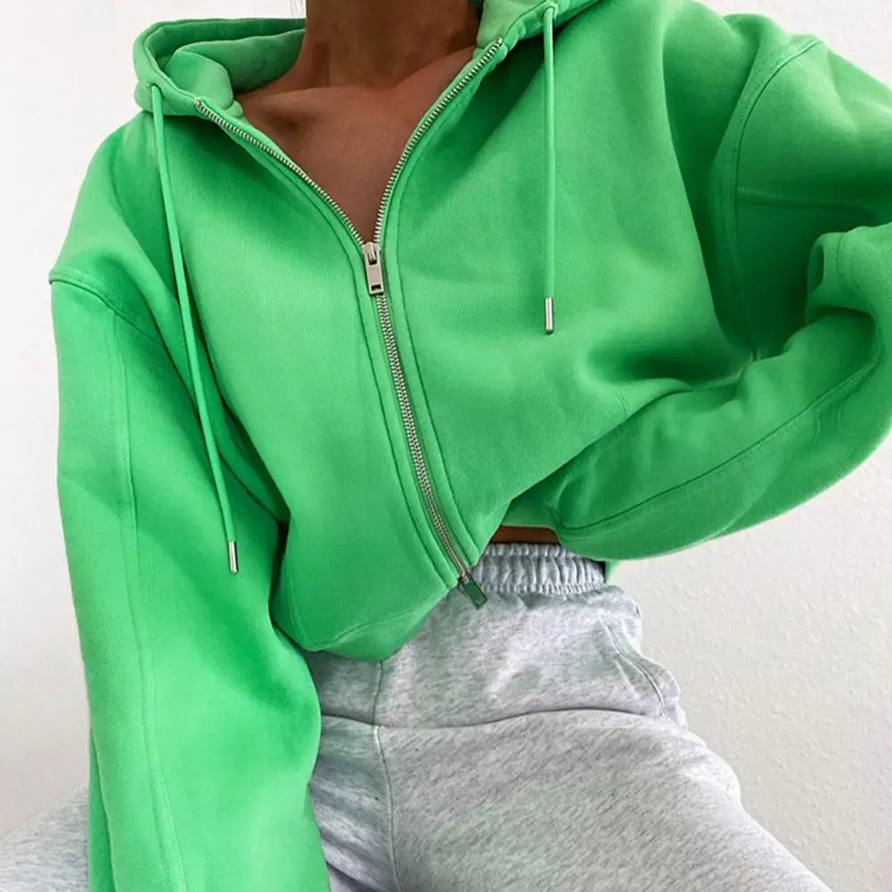 

Lady Hoodie Solid Color Drawstring Casual Short Long Sleeve Cardigan Autumn Coat for Daily Wear
