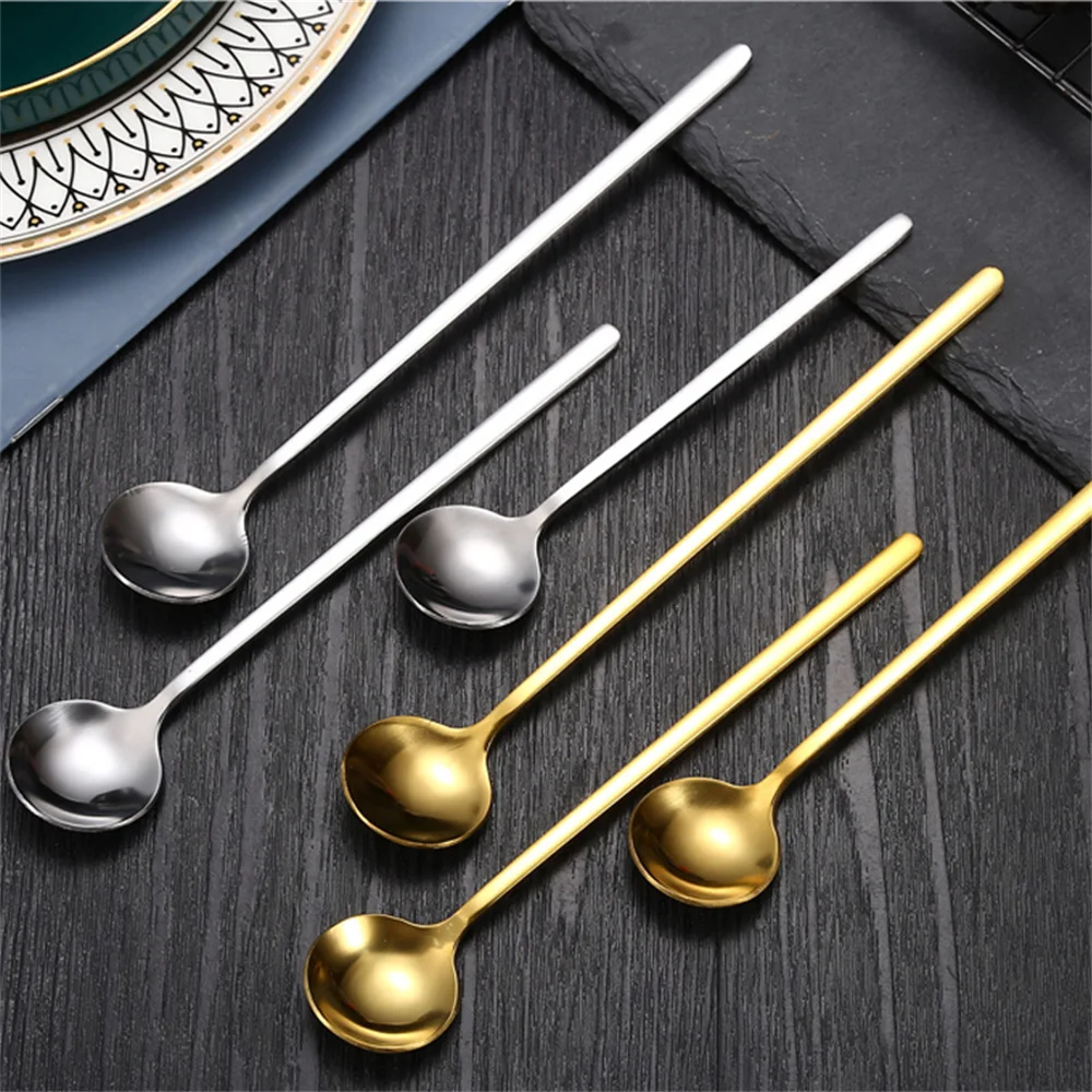 

Stainless Steel Long Handle Coffee Stirring Spoon Small Ice Cream Dessert Round Head Scoops Kitchen Tableware Cafe Accessories