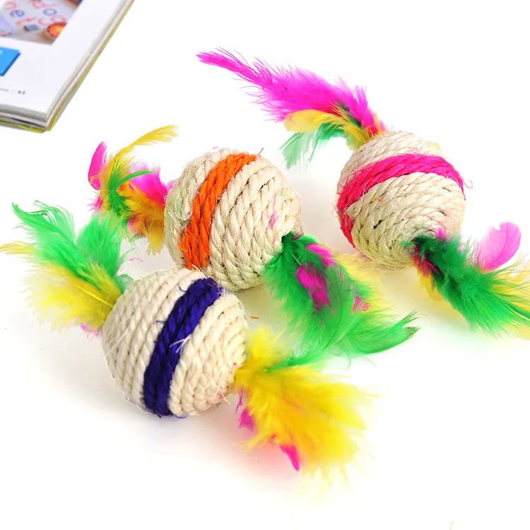 

Sisal Feather Cat Toy Striped Sisal Ball Interactive Toys for Cats Pet Ball Kitten Games Toys Pet Cat Playing Catch Supplies