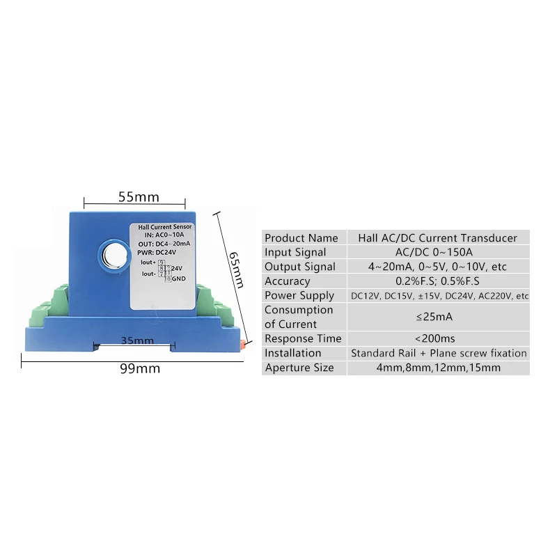 Датчик тока постоянного Холла передатчик сигнала 4-20 мА 0-5 В RS485 аналоговый сигнал