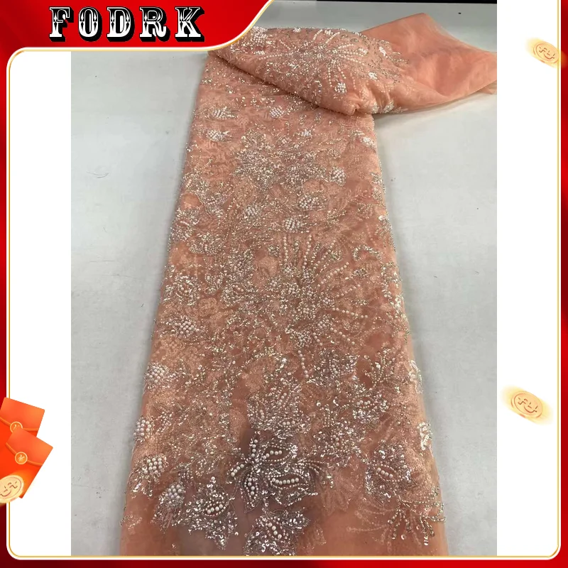 

2023 Nigeria Beaded Fabric Luxury with Pearls African Lace Fabric for Wedding Party Bridal Lace Fabrics 5Yards