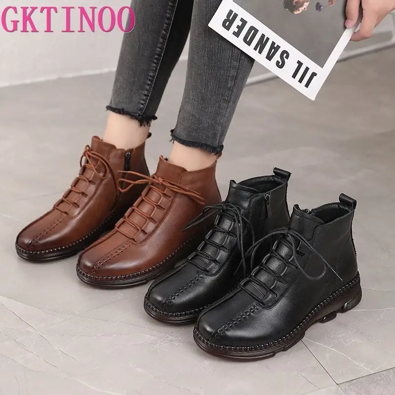 

GKTINOO/2022; Зимние ботильоны из натуральной кожи; Мягкая женская обувь ручной работы на плоской подошве; Удобные повседневные Мокасины; Нескользящие короткие ботинки