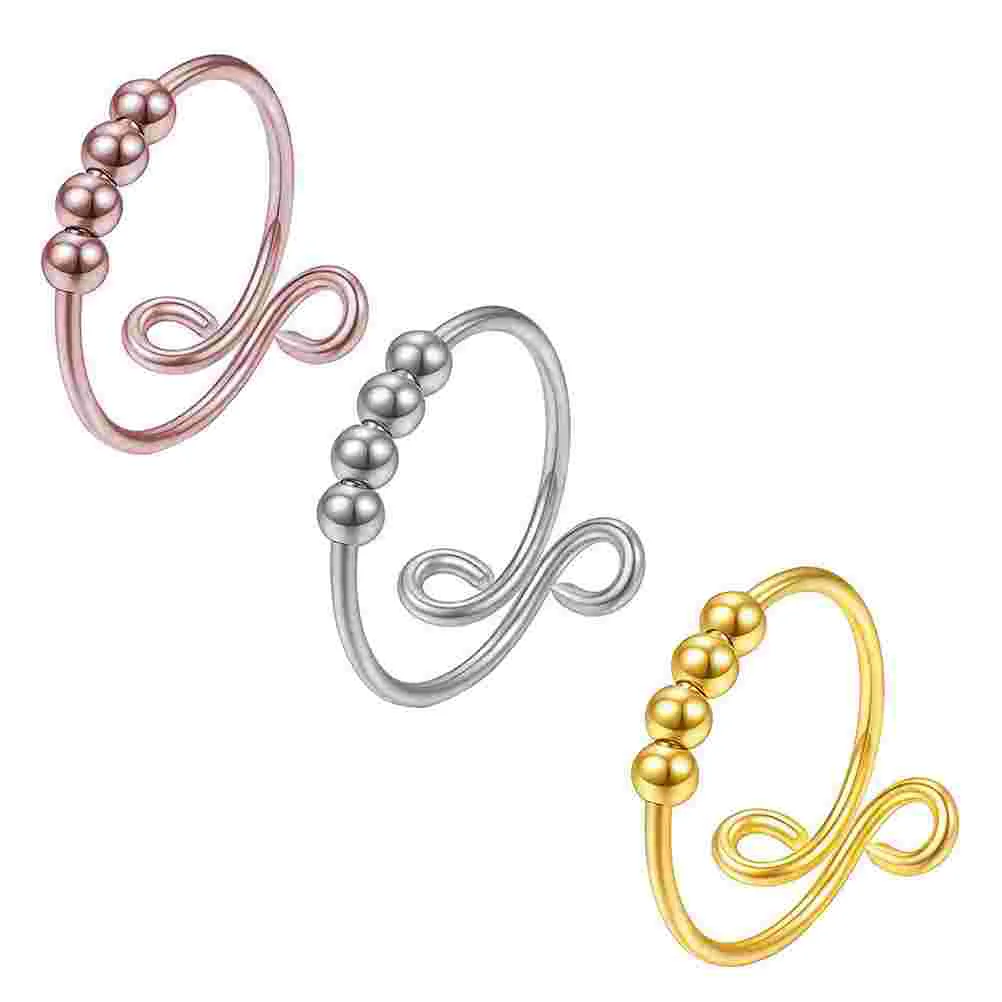 

3 Pcs Braided Ring Alloy Anxiety Rings Beads Women's Band Adjustable Beaded Decor Rotatable