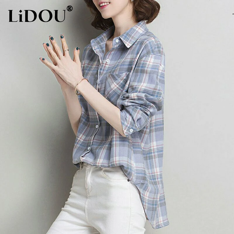

Women's Shirt Spring And Autumn Notched Cardigan Long Sleeve Pocket Plaid Vintage Single-breasted Wild Office Lady Korean Style