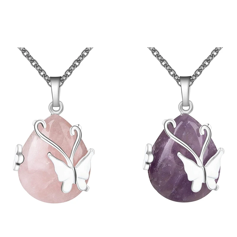 

Vintage Wire Wrap Butterfly Gemstone Rose Quartz Amethyst Opalite Healing Crystal Pendant Necklace