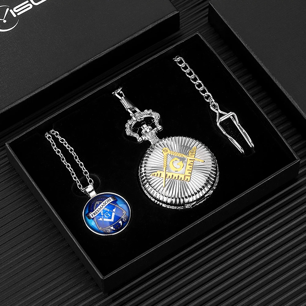 Freemason Pocket Watch Set Fashion Silver Quartz Pendant Clock Letter G Necklace Accessories Gift Box Greeting Card to Father