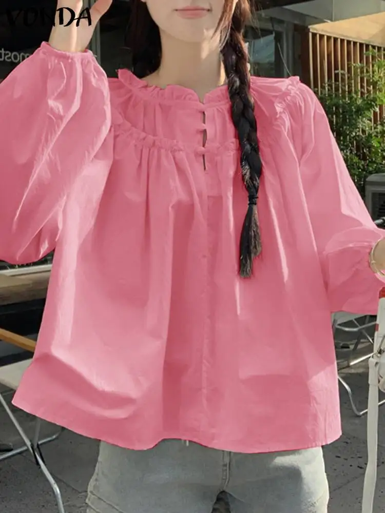 VONDA женская блузка 2024 осенние однотонные повседневные свободные рубашки с