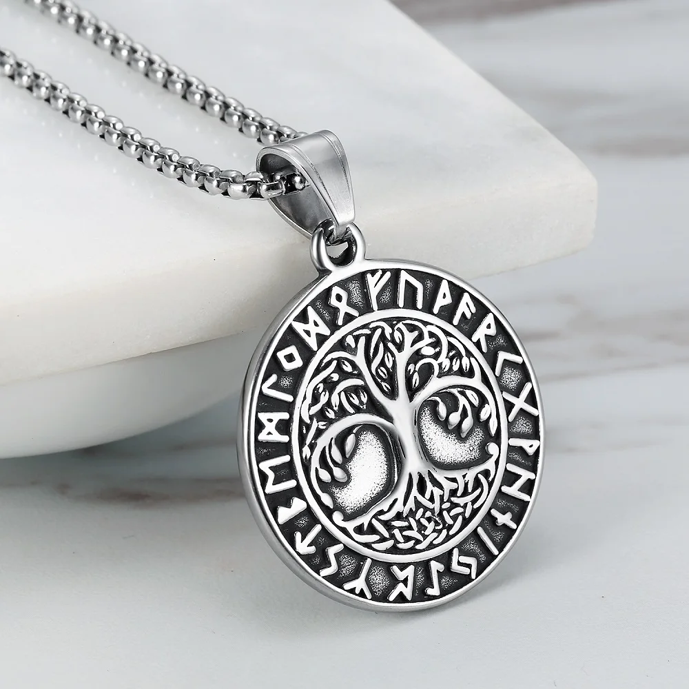 

Vintage Viking Tree of Life Silver Color Pendant Necklace For Men Punk Hip Hop Street Culture Nordic Mythology Charm Jewelry