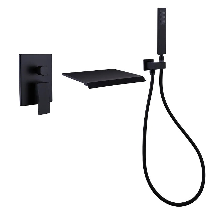 

Waterfall Wall Mounted Tub Filler with Handheld Shower Matte Black Brass [US Stock]