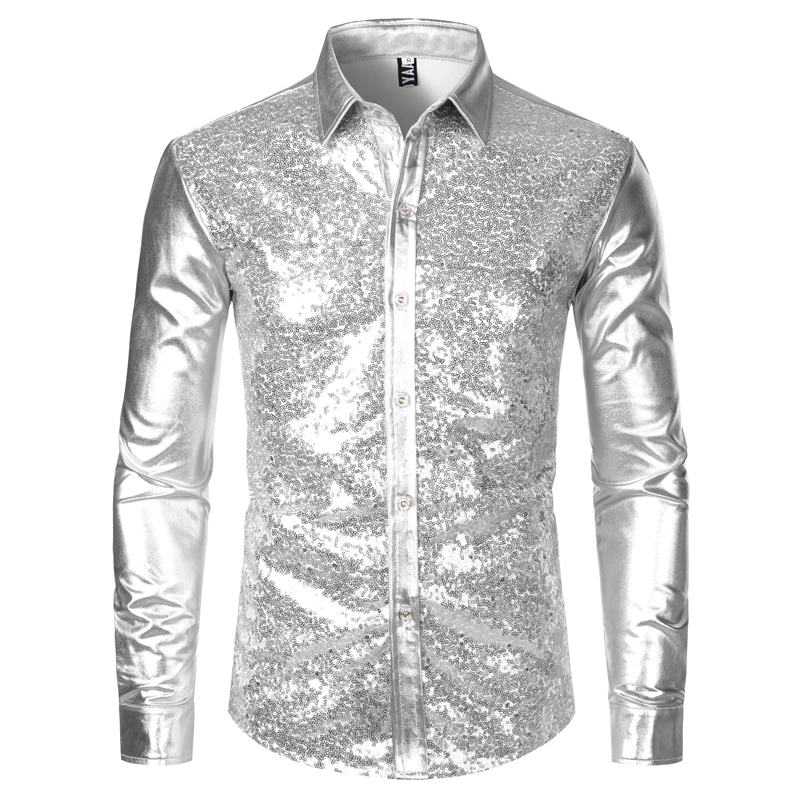 

Men Silver Metallic Sequins Glitter Shirt 2023 New 70's Disco Party Halloween Costume Chemise Homme Male Stage Performance Shirt