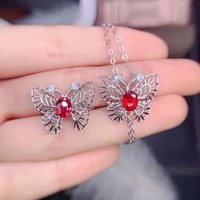 Ruby/Opal/Topaz Butterfly Ring Pendant Necklace Set S925 Sterling Silver Natural Gem Fine Weddings Women's Jewelry MeiBaPJ FS