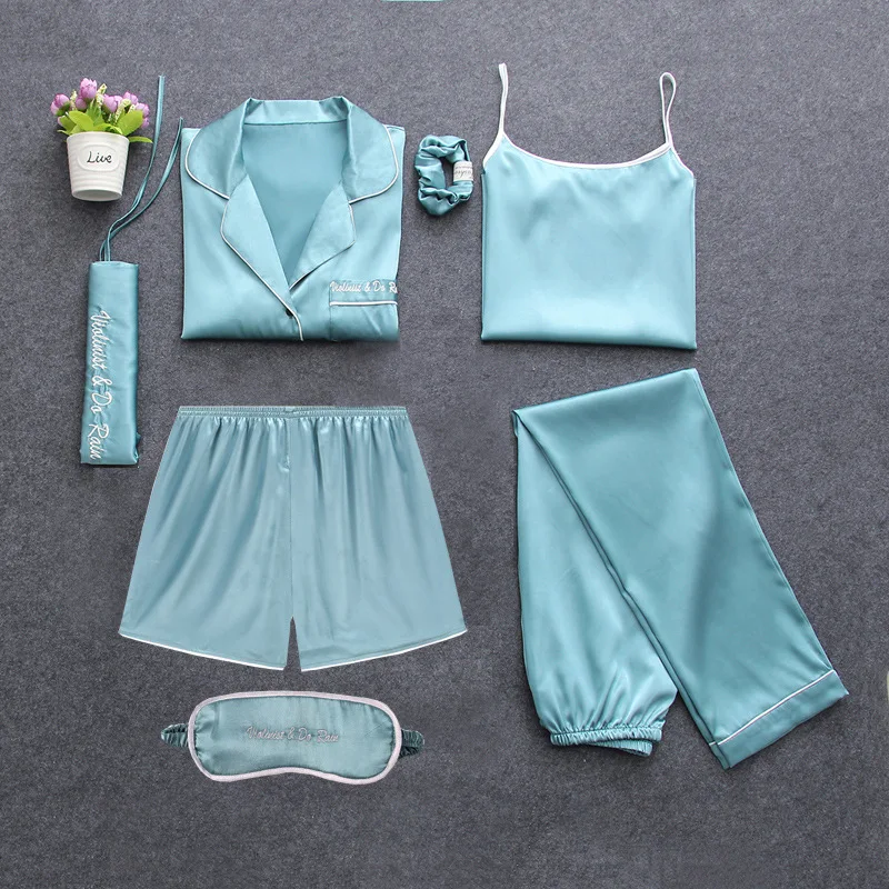 Ice And Snow Silk99%Ice Silk Seven-piece Thin Summer Pajamas, Sexy Imitation Silk Short Sleeves For Outerwear Loungewear