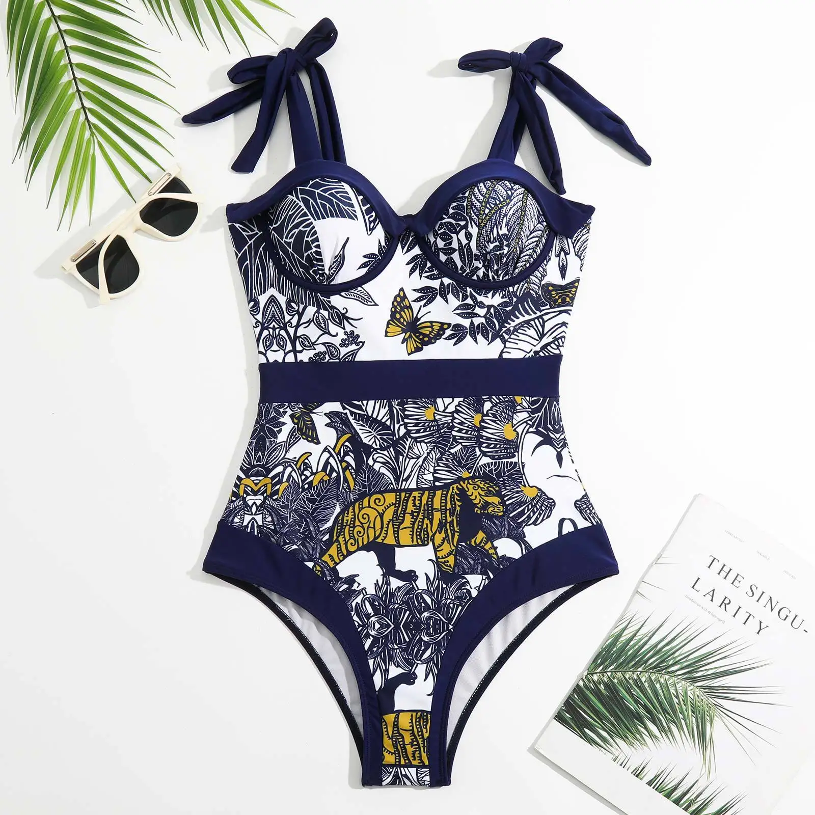 2023 New Sexy Push Up Print One Piece Swimsuit with Cover Up Dress Shoulder Strap Swimwear Women Beachwear Bathing Suit Monkini
