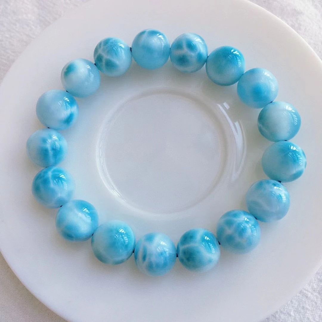 

Natural Blue Larimar Dominia Round Beads Bracelet 12.3mm Women Men Water Pattern Powerful Jewelry Stone AAAAAA