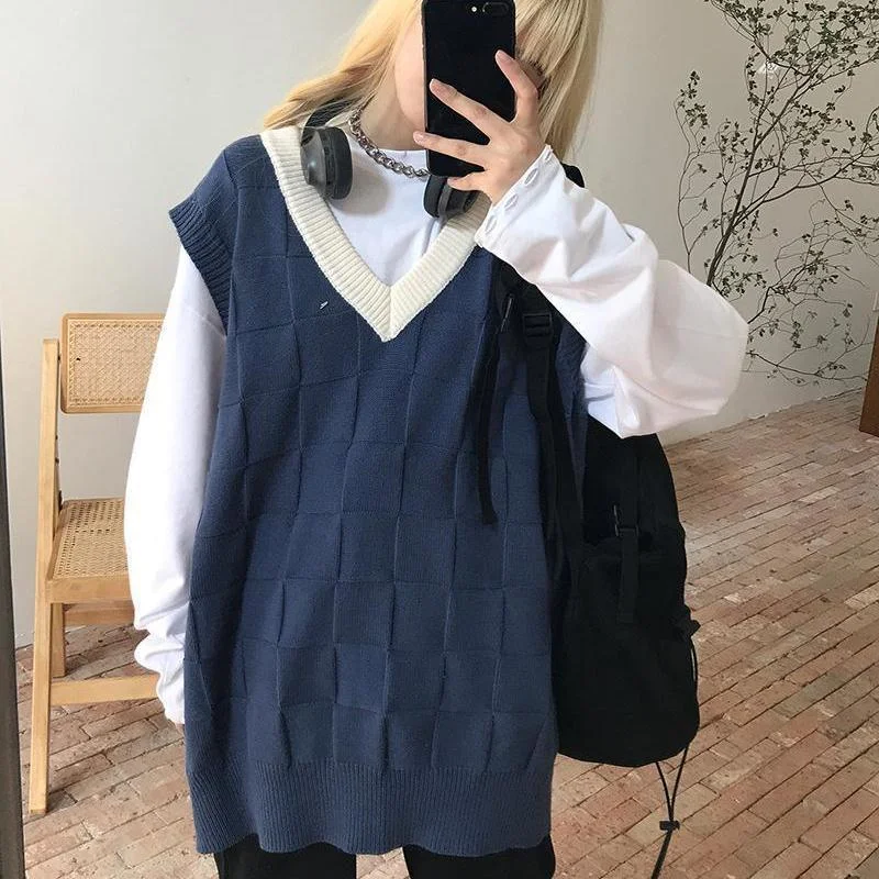 

Deeptown Harajuku Streetwear Plaid Sweater Vest Women Kpop Fashion Oversized Knitted Jumper Female Vintage Brown Tops Loose